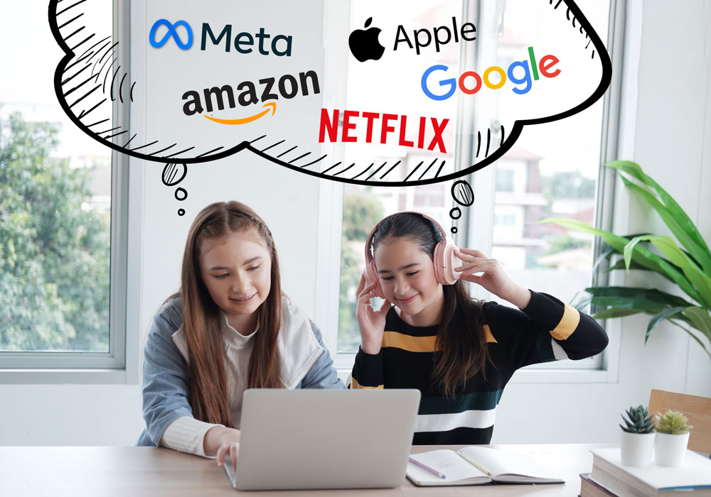 children with laptops and FAANG company logos
